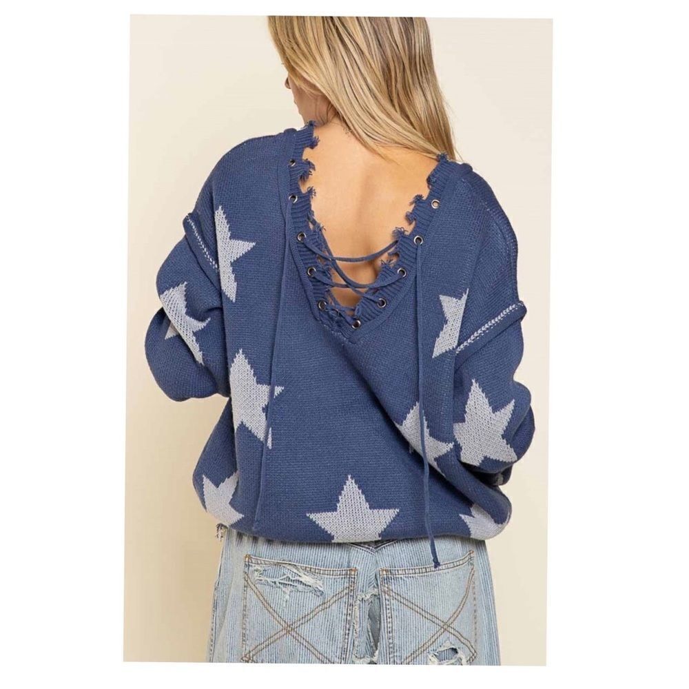 ๐
บPOL Bohemian sweater with tattered raw edges, and Lace up front and back - Picture 6 of 15